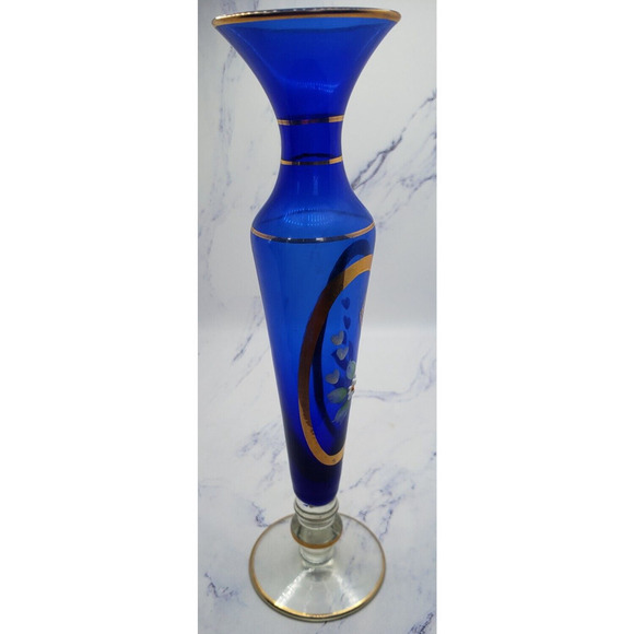 Glass Crystal Handpainted Blue 8 Inch Flower Vase With Gold Accents - Picture 4 of 5